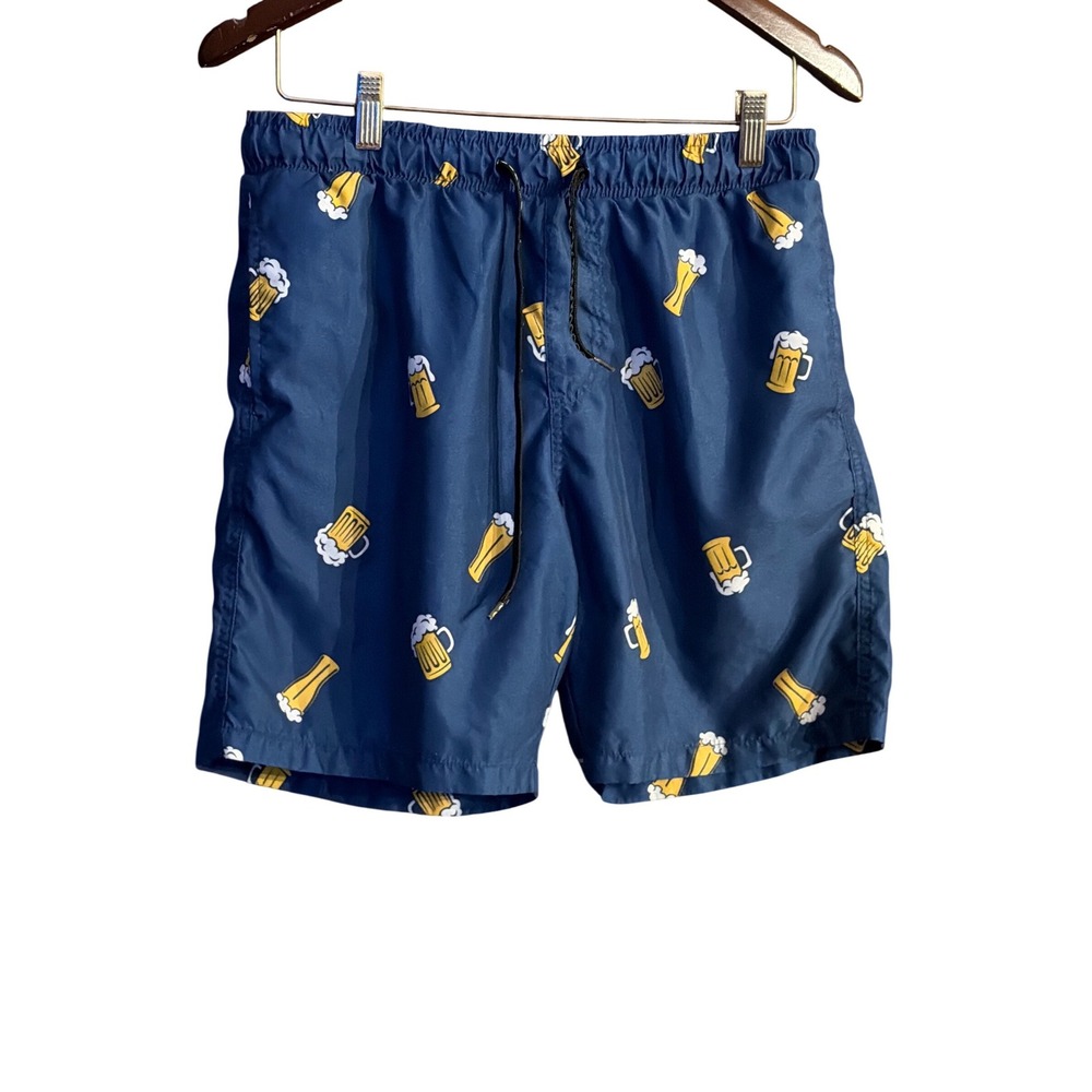 Surf Society Mens Navy Blue Beer Print Swim Board Shorts Lined Drawstring Medium